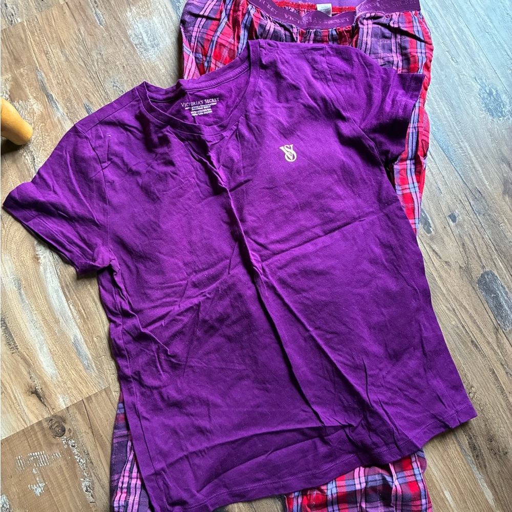 Victoria's Secret Purple Tee and Red Plaid Pajama Pants Set